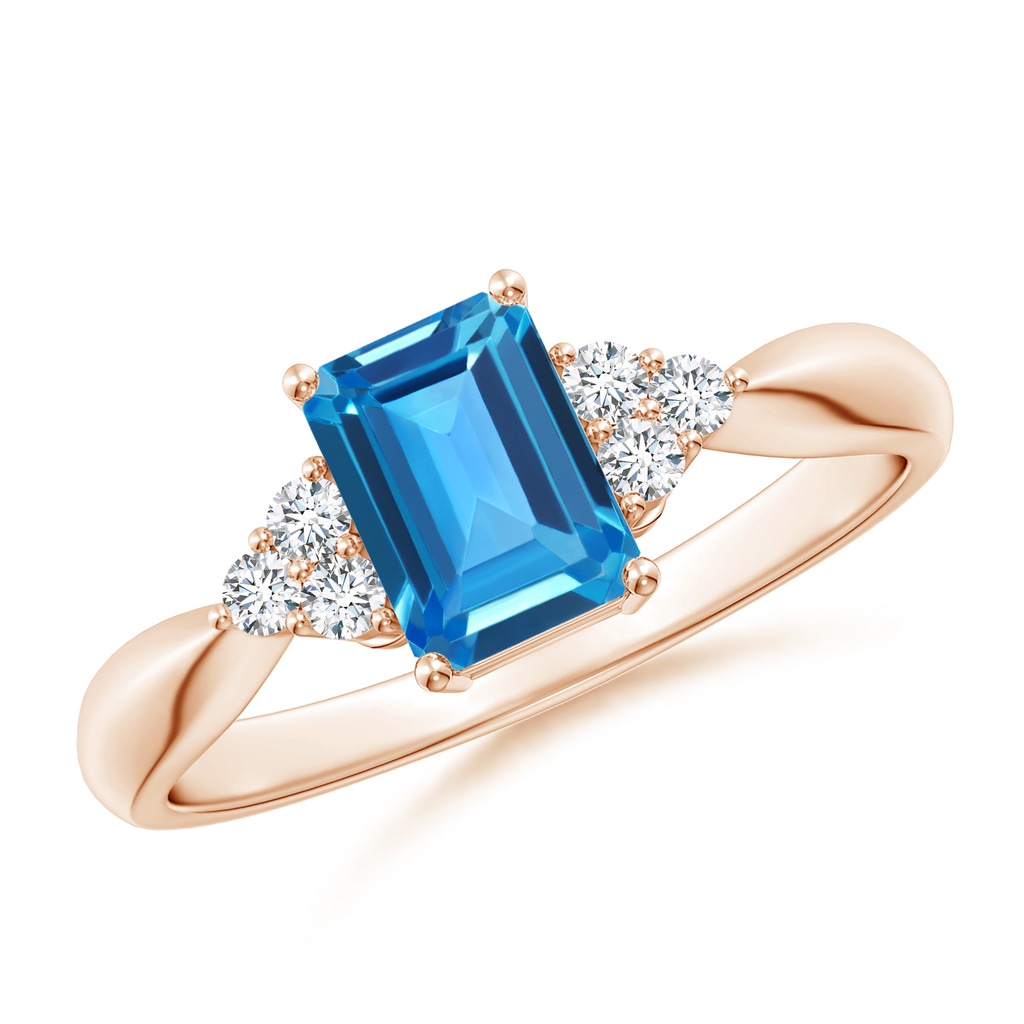 7x5mm AAAA Emerald-Cut Swiss Blue Topaz Ring with Trio Diamonds in Rose Gold