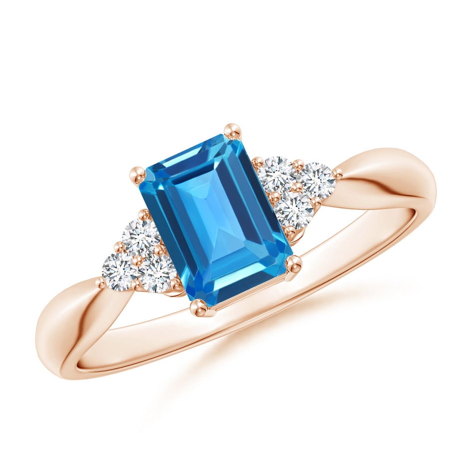 7x5mm AAAA Emerald-Cut Swiss Blue Topaz Ring with Trio Diamonds in Rose Gold 
