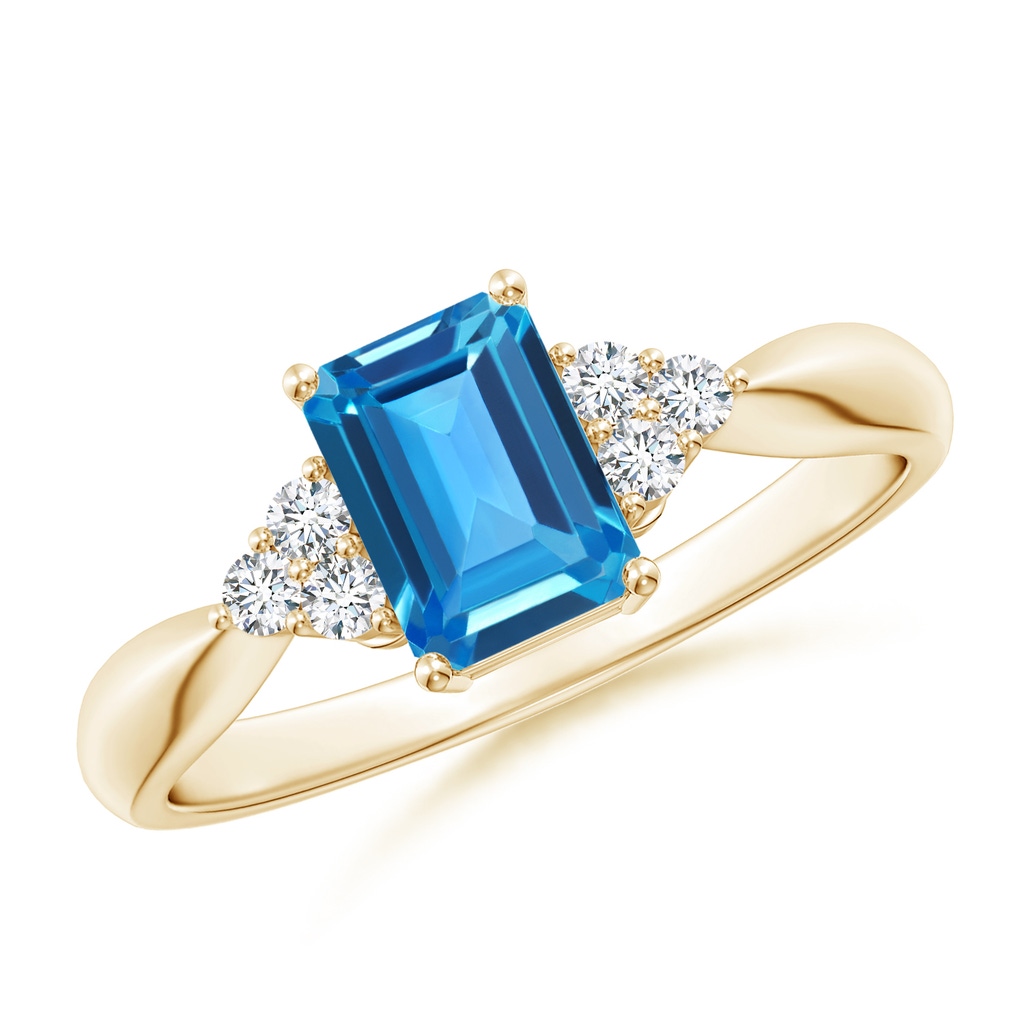 7x5mm AAAA Emerald-Cut Swiss Blue Topaz Ring with Trio Diamonds in Yellow Gold