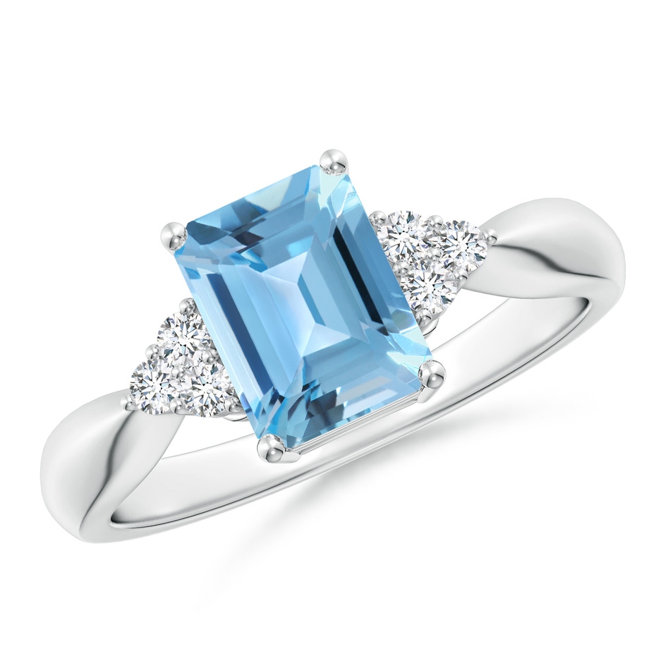 8x6mm A Emerald-Cut Swiss Blue Topaz Ring with Trio Diamonds in White Gold 