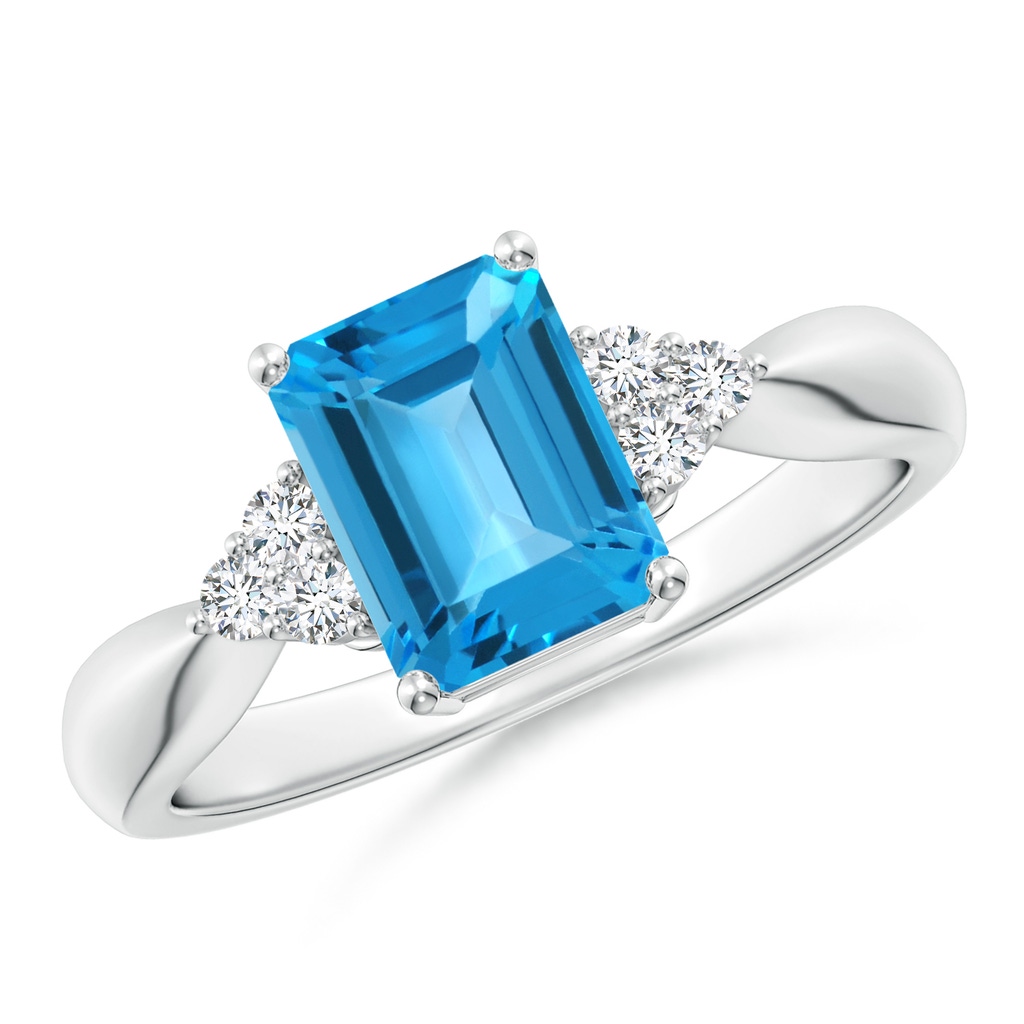 8x6mm AAA Emerald-Cut Swiss Blue Topaz Ring with Trio Diamonds in White Gold