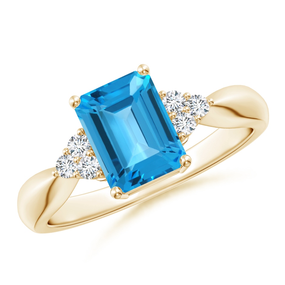 8x6mm AAA Emerald-Cut Swiss Blue Topaz Ring with Trio Diamonds in Yellow Gold 