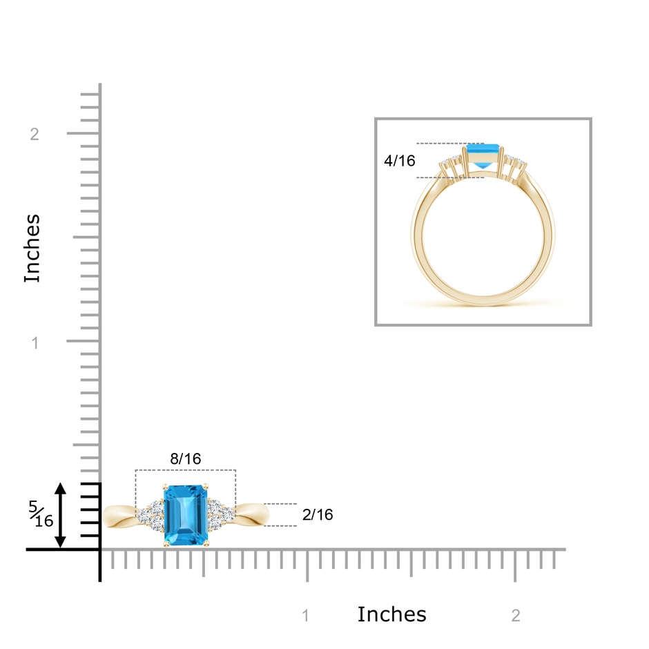 8x6mm AAA Emerald-Cut Swiss Blue Topaz Ring with Trio Diamonds in Yellow Gold ruler