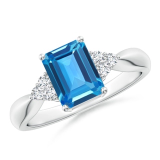 8x6mm AAAA Emerald-Cut Swiss Blue Topaz Ring with Trio Diamonds in P950 Platinum