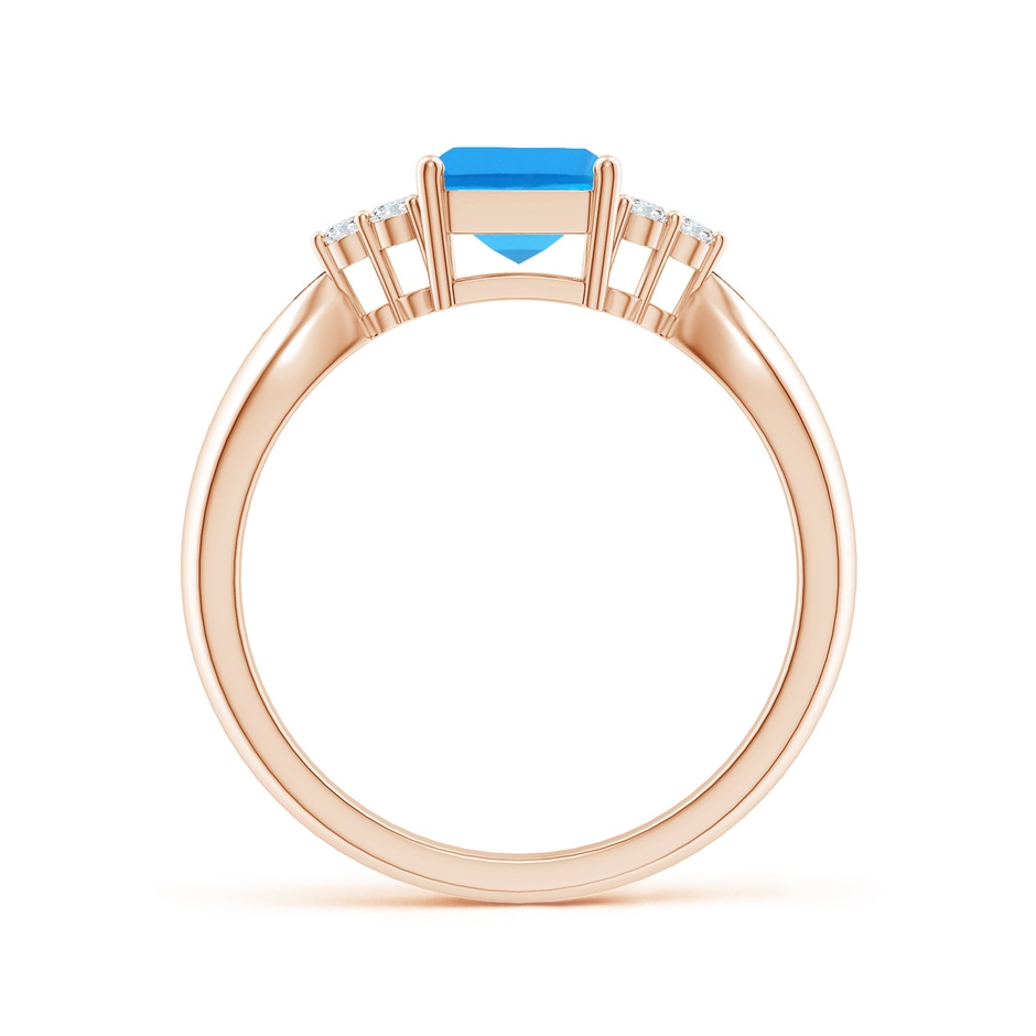 8x6mm AAAA Emerald-Cut Swiss Blue Topaz Ring with Trio Diamonds in Rose Gold side-1