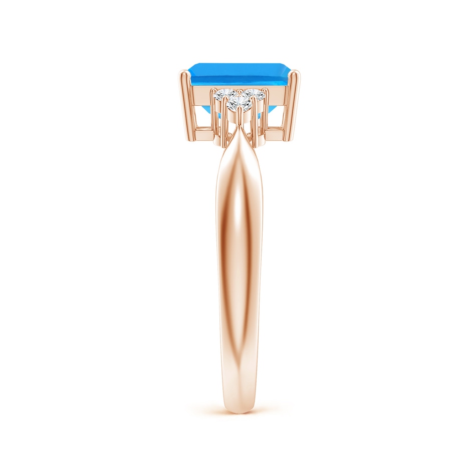 8x6mm AAAA Emerald-Cut Swiss Blue Topaz Ring with Trio Diamonds in Rose Gold side-2