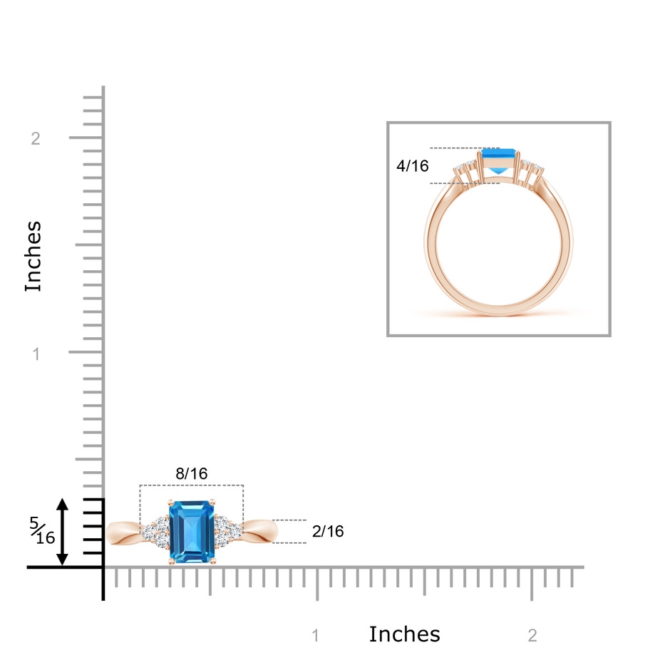 8x6mm AAAA Emerald-Cut Swiss Blue Topaz Ring with Trio Diamonds in Rose Gold ruler