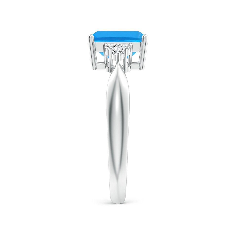 8x6mm AAAA Emerald-Cut Swiss Blue Topaz Ring with Trio Diamonds in White Gold side-2