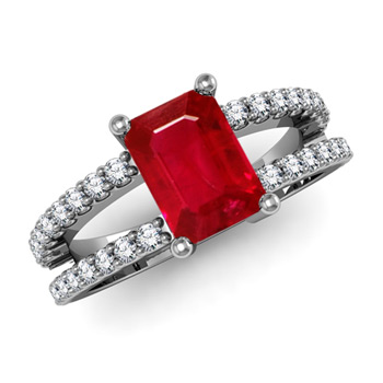 7x5mm AAA Emerald-Cut Solitaire Ruby Double Shank Ring in White Gold