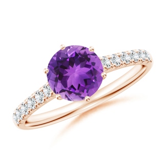 7mm AAA Amethyst Solitaire Ring with Diamond Accents in Rose Gold