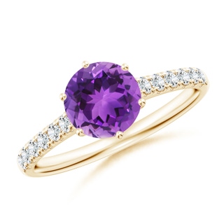 7mm AAA Amethyst Solitaire Ring with Diamond Accents in Yellow Gold