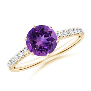 7mm AAAA Amethyst Solitaire Ring with Diamond Accents in Yellow Gold