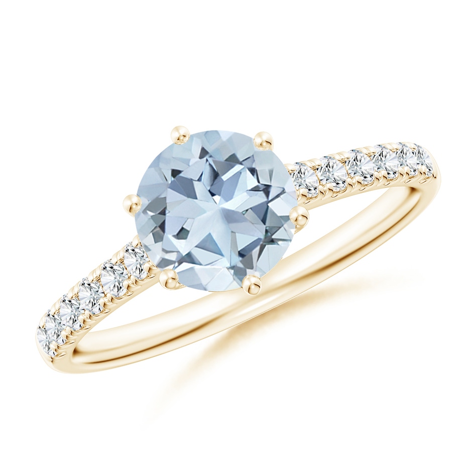 7mm A Aquamarine Solitaire Ring with Diamond Accents in Yellow Gold 