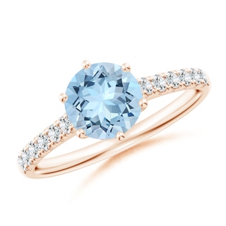 7mm AAA Aquamarine Solitaire Ring with Diamond Accents in 10K Rose Gold