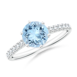 7mm AAA Aquamarine Solitaire Ring with Diamond Accents in 9K White Gold