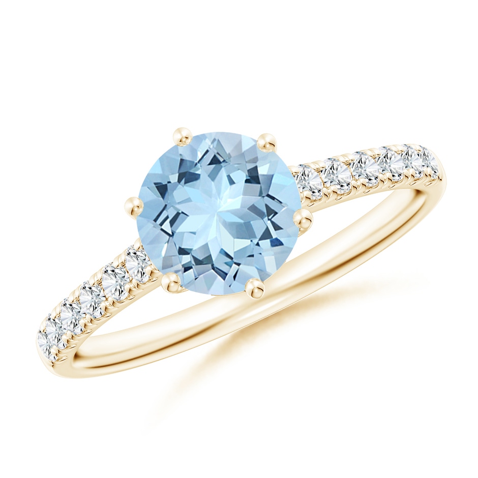 7mm AAA Aquamarine Solitaire Ring with Diamond Accents in Yellow Gold 