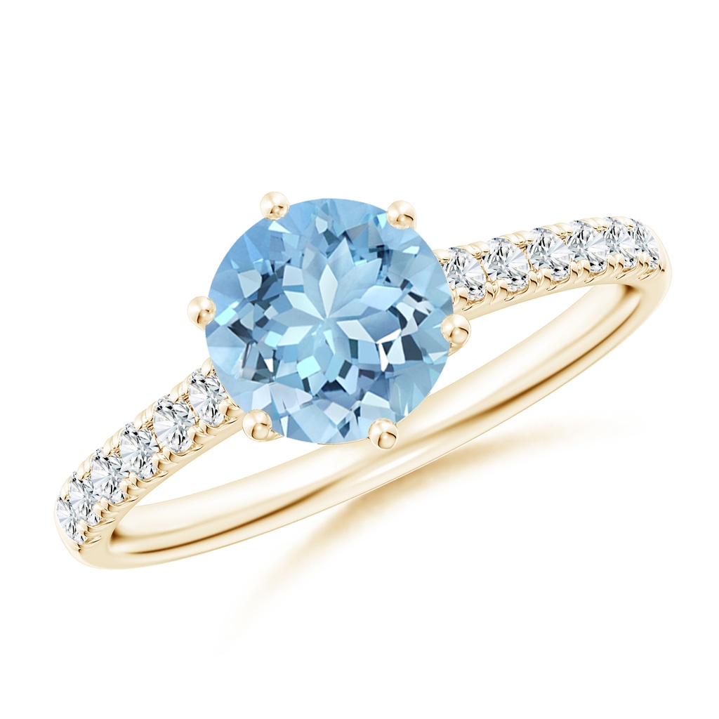7mm AAAA Aquamarine Solitaire Ring with Diamond Accents in Yellow Gold