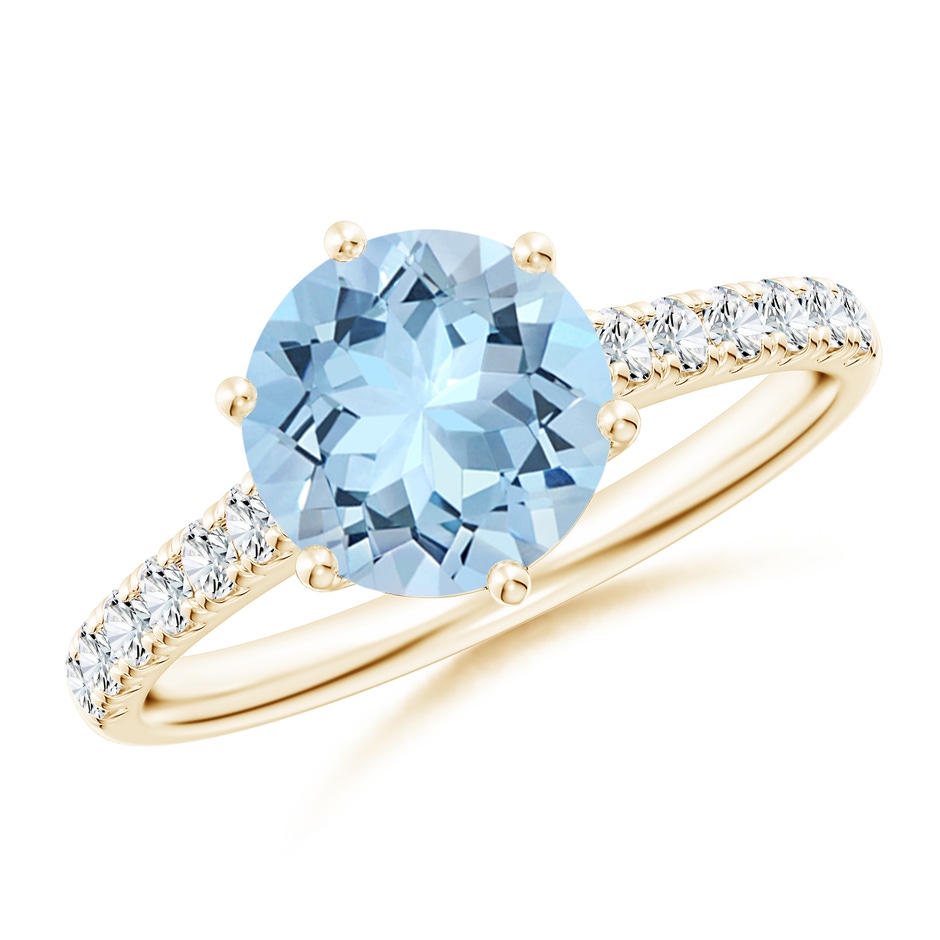 8mm AAA Aquamarine Solitaire Ring with Diamond Accents in Yellow Gold 
