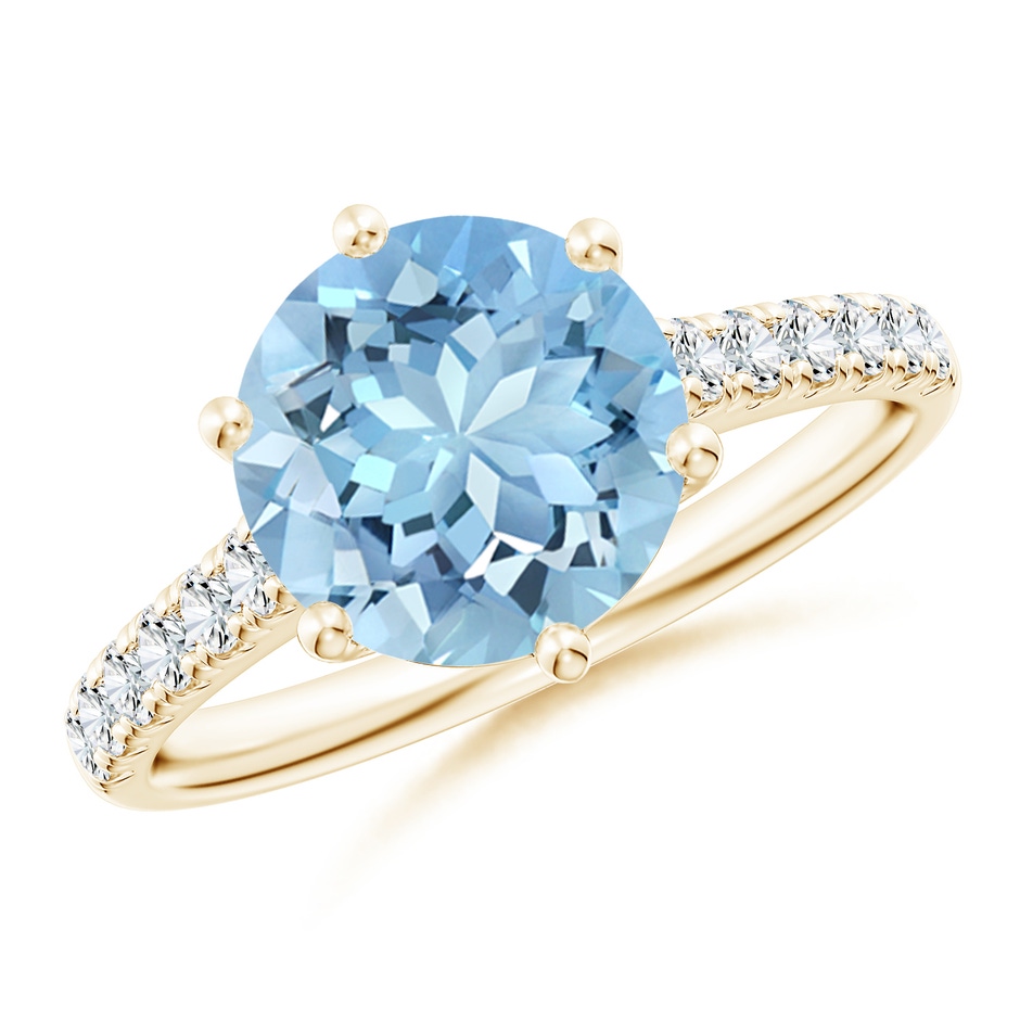 9mm AAAA Aquamarine Solitaire Ring with Diamond Accents in Yellow Gold 