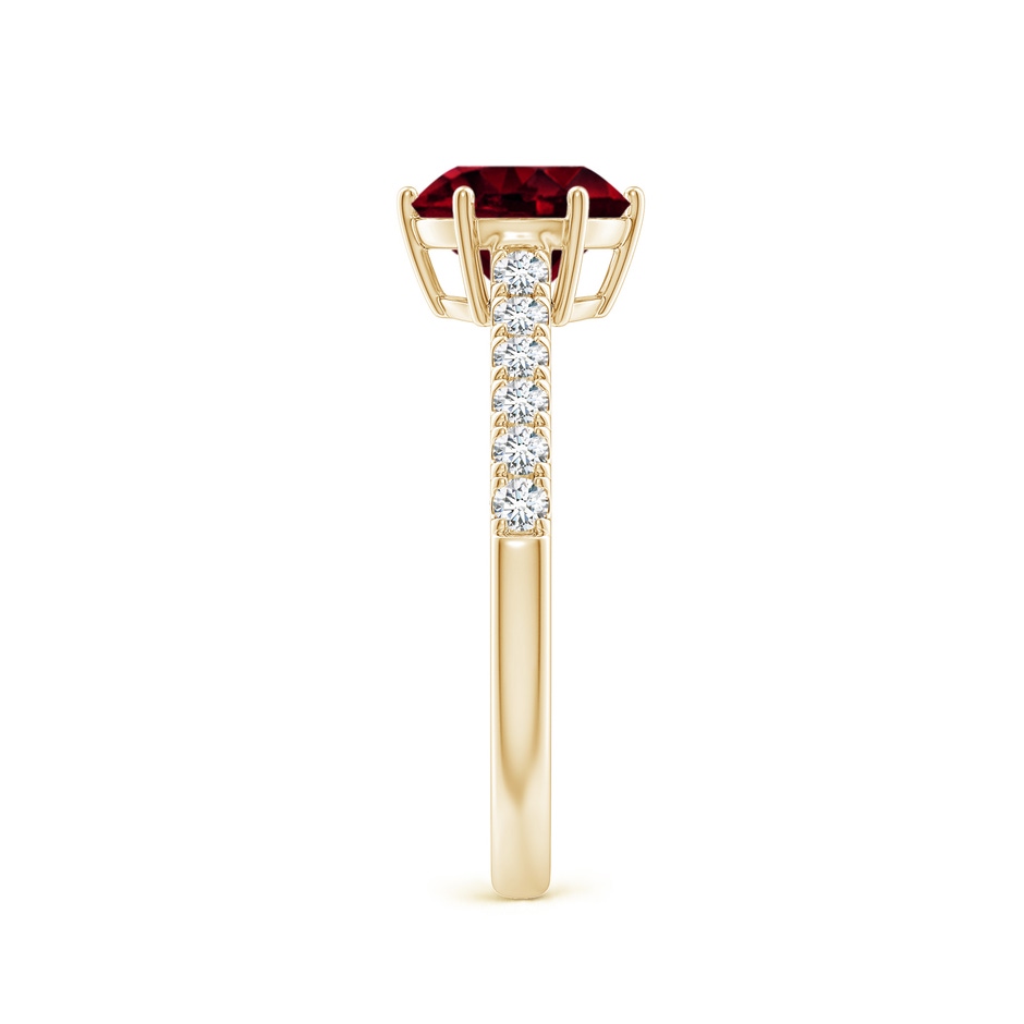 7mm A Garnet Solitaire Ring with Diamond Accents in Yellow Gold body-hand