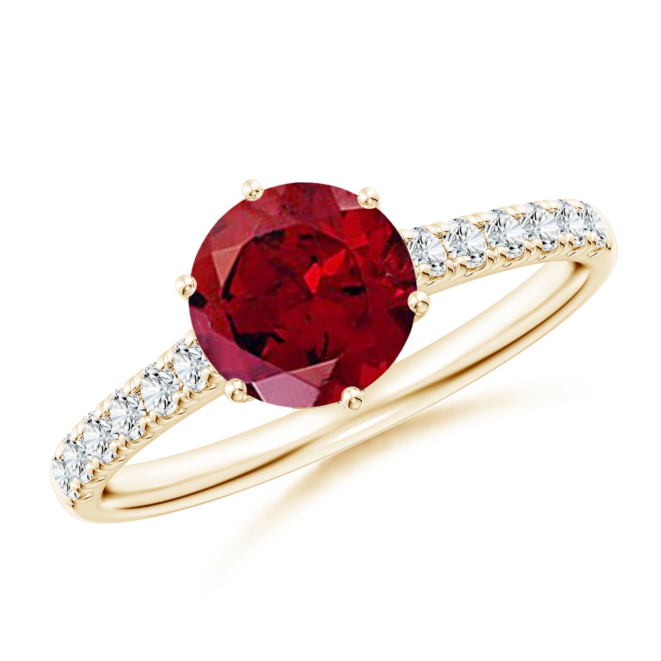7mm AAAA Garnet Solitaire Ring with Diamond Accents in Yellow Gold 