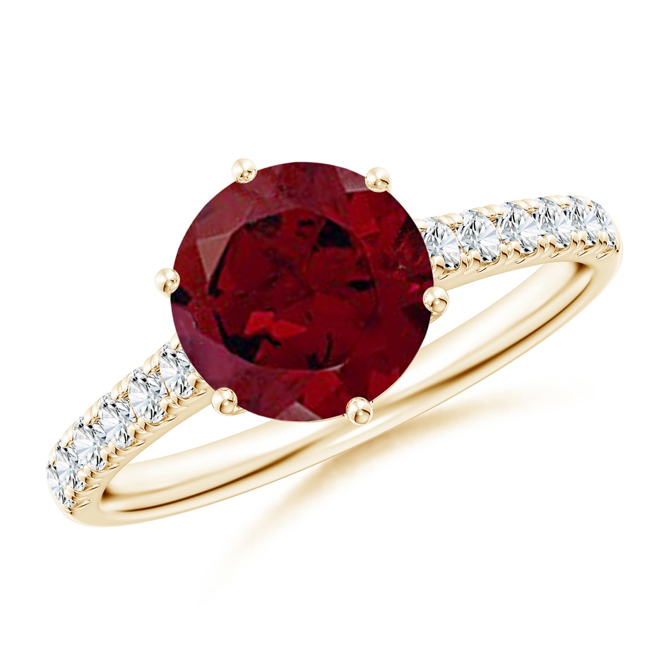 8mm AA Garnet Solitaire Ring with Diamond Accents in Yellow Gold 