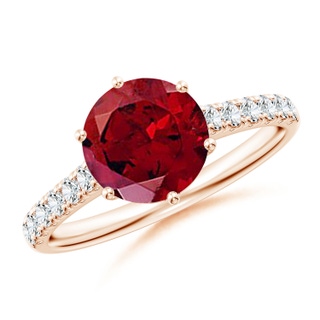 8mm AAAA Garnet Solitaire Ring with Diamond Accents in Rose Gold