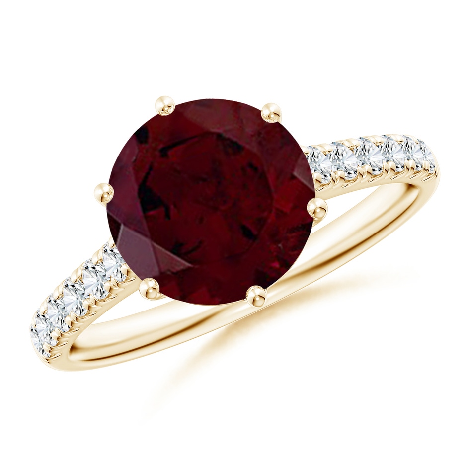 9mm A Garnet Solitaire Ring with Diamond Accents in Yellow Gold 