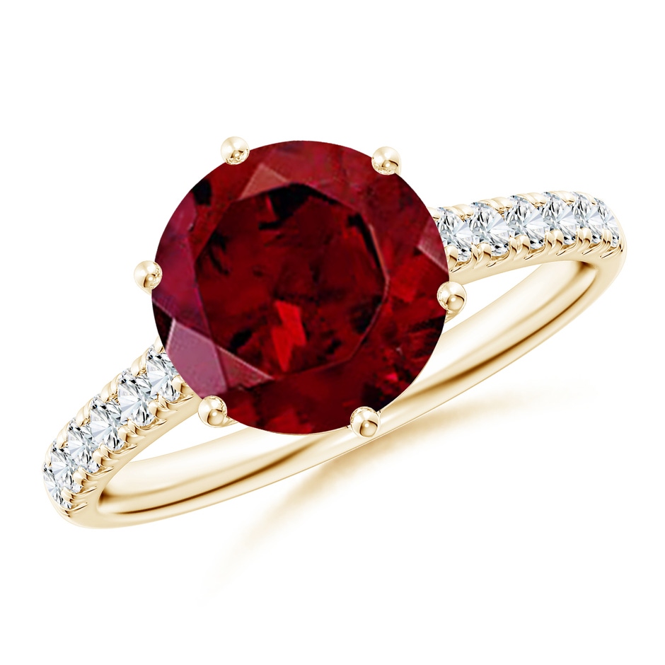 9mm AAA Garnet Solitaire Ring with Diamond Accents in Yellow Gold 