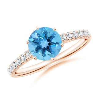 7mm AA Swiss Blue Topaz Solitaire Ring with Diamond Accents in 9K Rose Gold