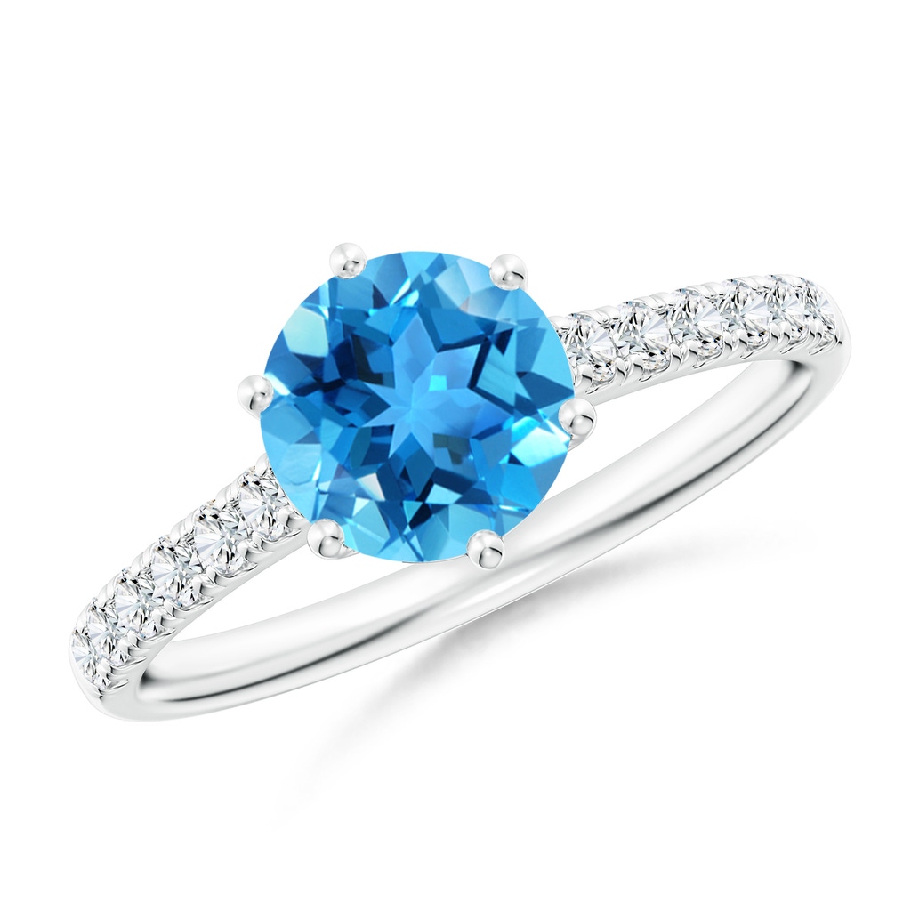 7mm AAA Swiss Blue Topaz Solitaire Ring with Diamond Accents in P950 Platinum