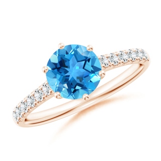 7mm AAA Swiss Blue Topaz Solitaire Ring with Diamond Accents in Rose Gold