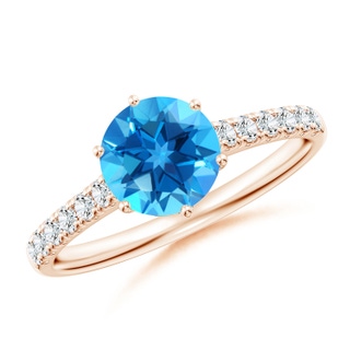 7mm AAAA Swiss Blue Topaz Solitaire Ring with Diamond Accents in 9K Rose Gold