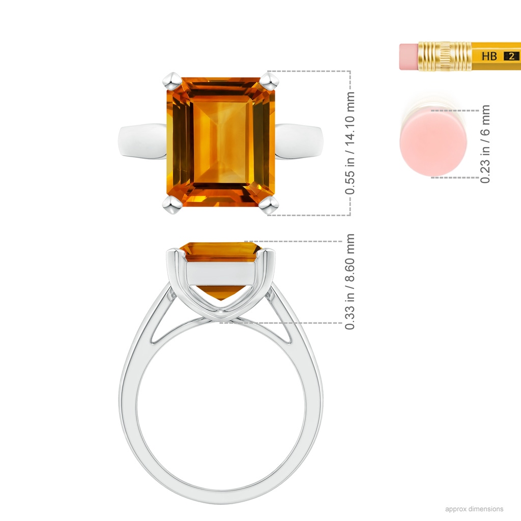 12.14x9.12x5.42mm AAAA GIA Certified Solitaire Emerald-Cut Citrine Cocktail Ring in 18K White Gold ruler