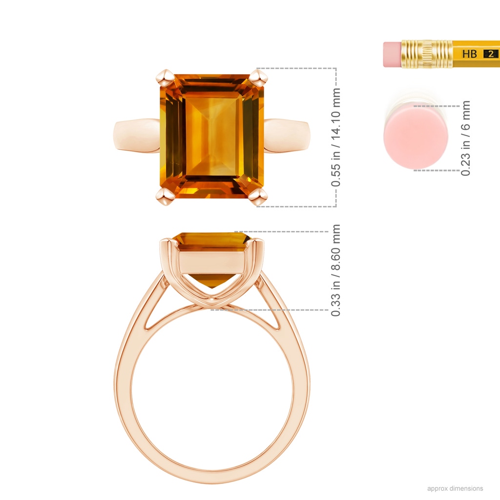 12.14x9.12x5.42mm AAAA GIA Certified Solitaire Emerald-Cut Citrine Cocktail Ring in Rose Gold ruler