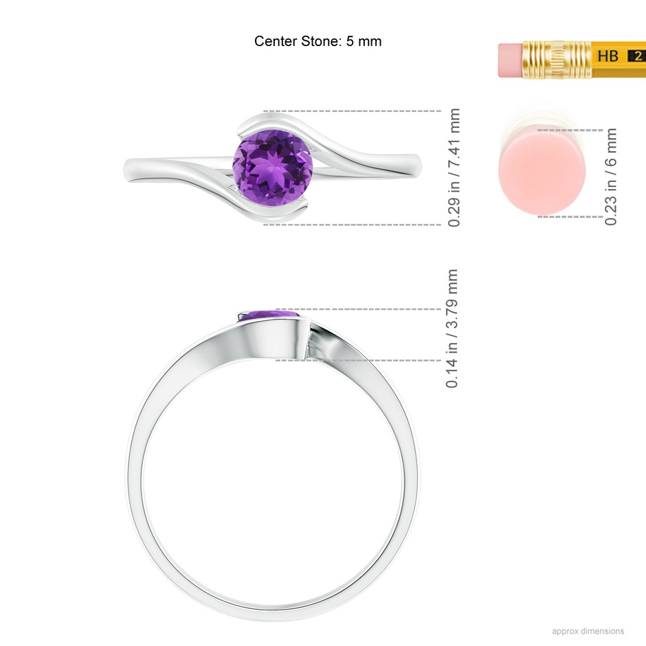 5mm AAA Semi Bezel-Set Solitaire Round Amethyst Bypass Ring in White Gold ruler