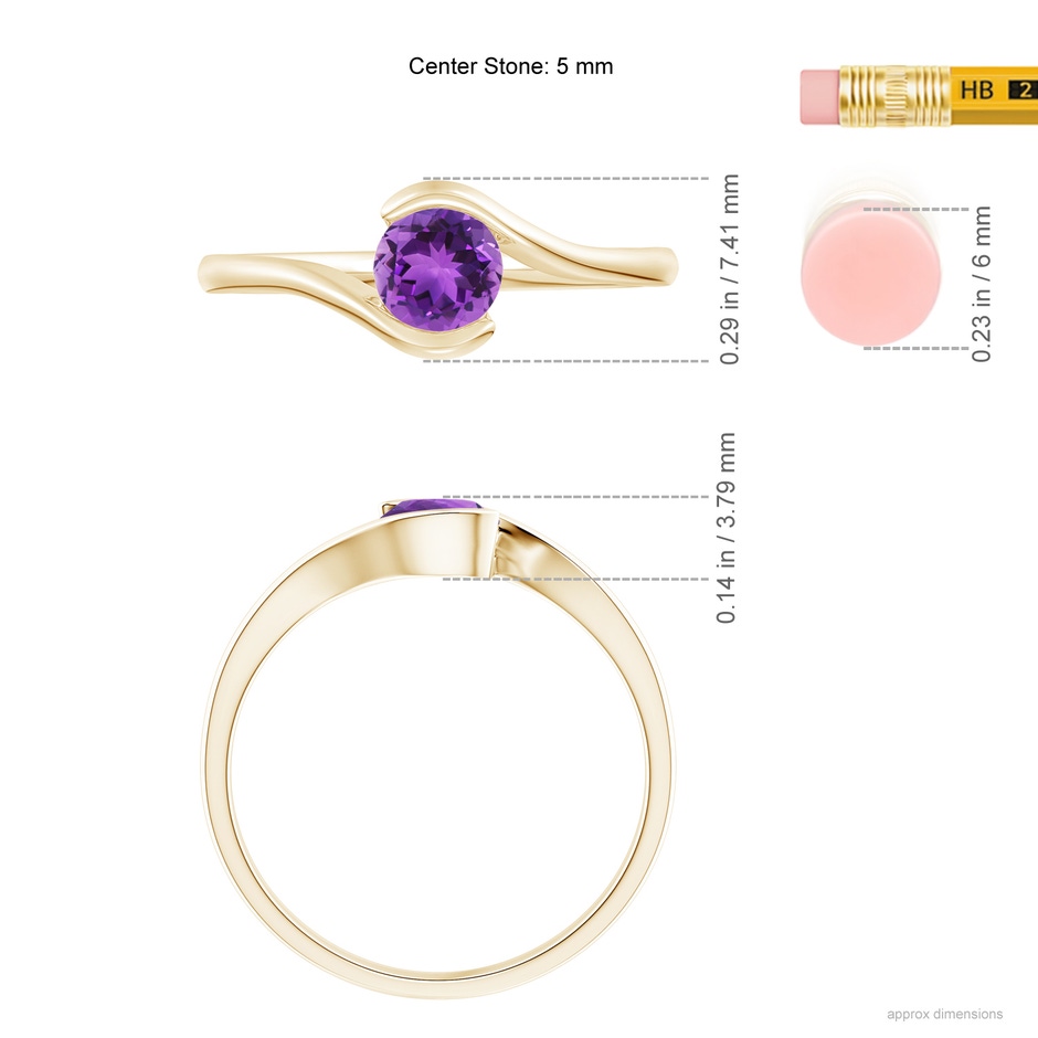 5mm AAA Semi Bezel-Set Solitaire Round Amethyst Bypass Ring in Yellow Gold ruler