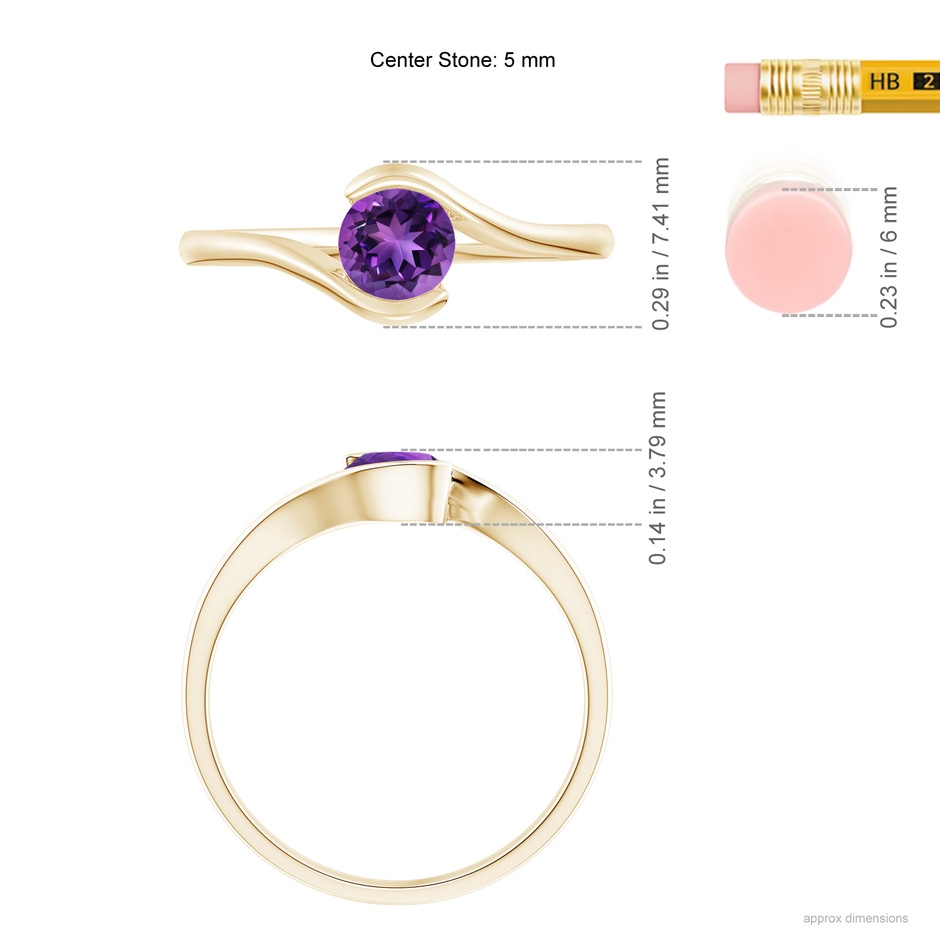 5mm AAAA Semi Bezel-Set Solitaire Round Amethyst Bypass Ring in Yellow Gold ruler