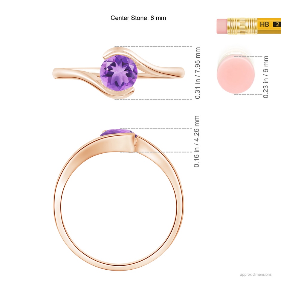6mm A Semi Bezel-Set Solitaire Round Amethyst Bypass Ring in 18K Rose Gold ruler
