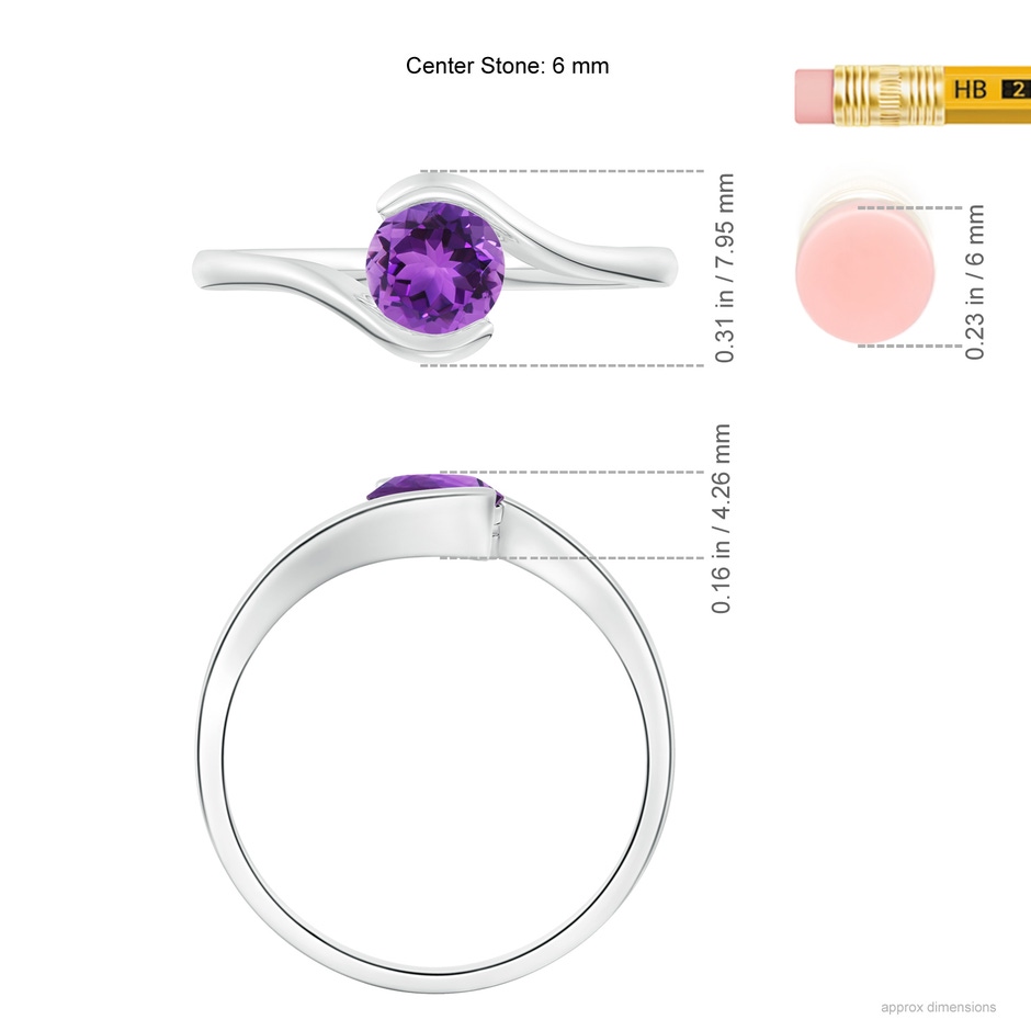 6mm AAA Semi Bezel-Set Solitaire Round Amethyst Bypass Ring in P950 Platinum ruler