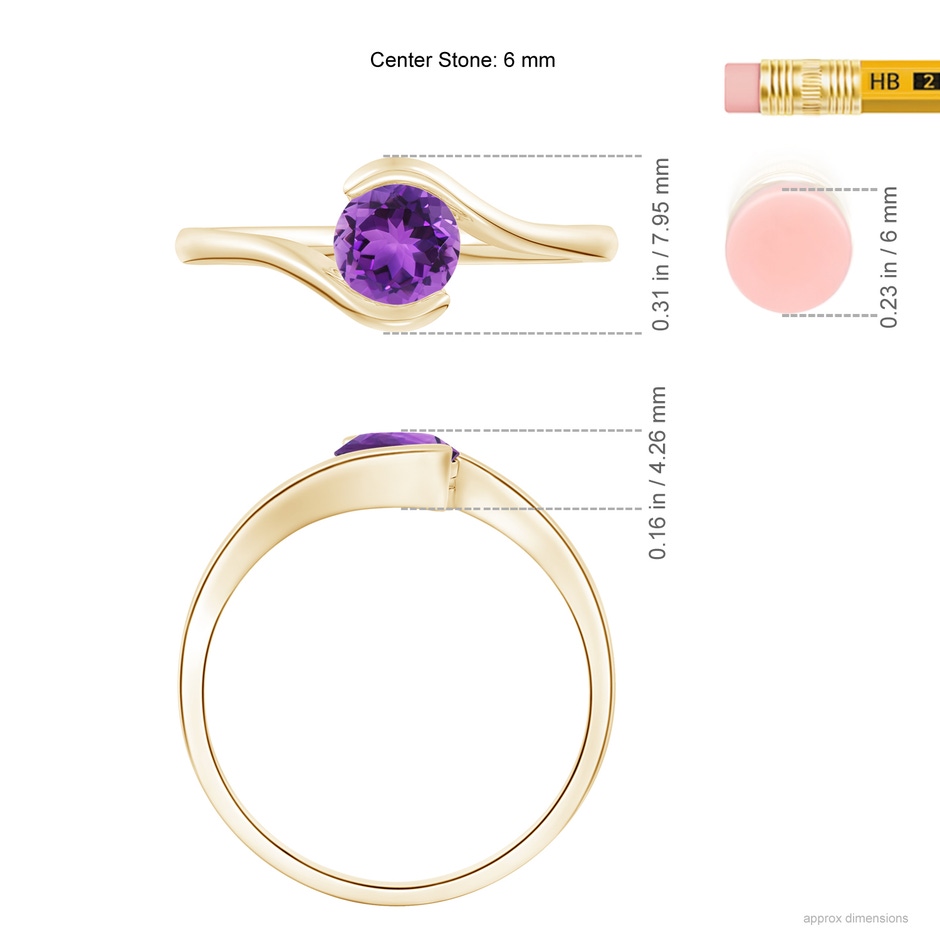 6mm AAA Semi Bezel-Set Solitaire Round Amethyst Bypass Ring in Yellow Gold ruler