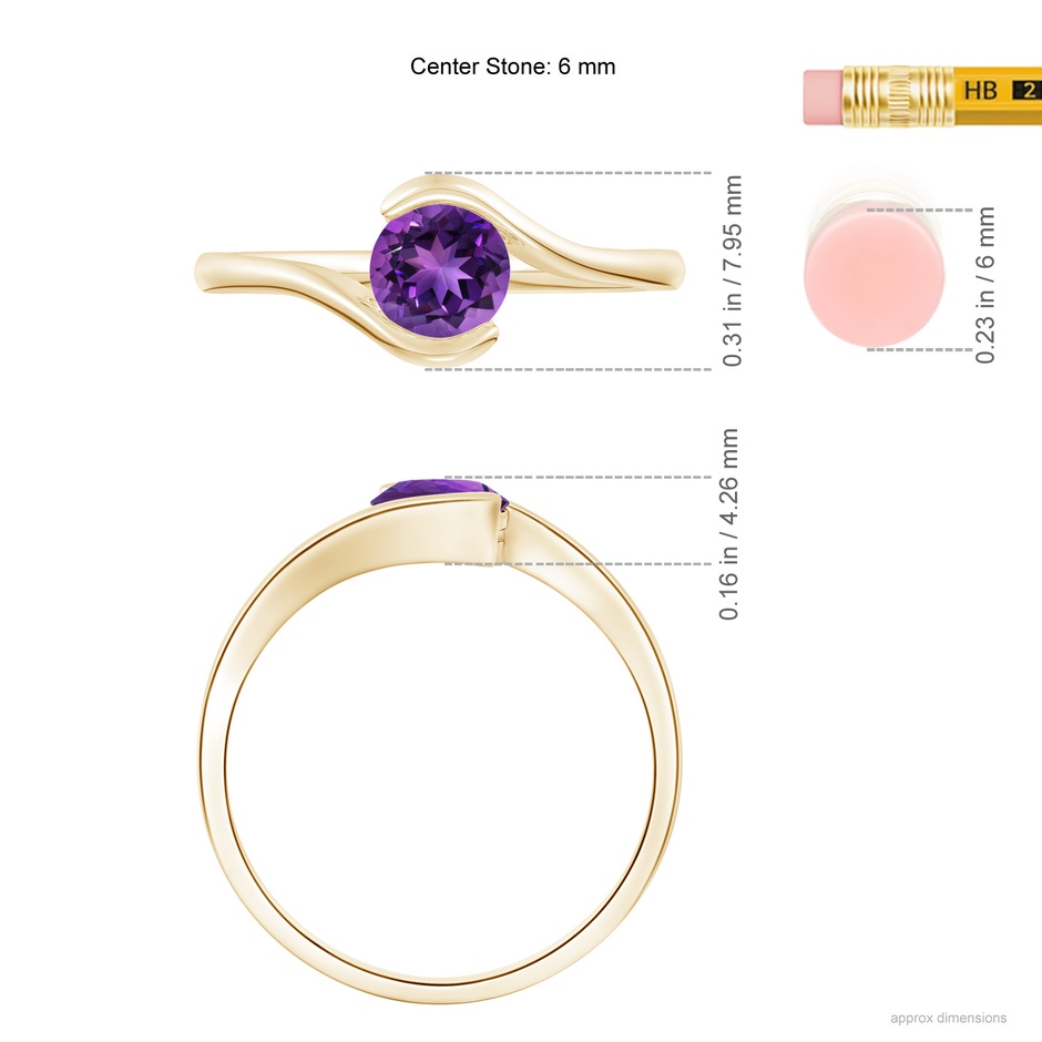 6mm AAAA Semi Bezel-Set Solitaire Round Amethyst Bypass Ring in 18K Yellow Gold ruler