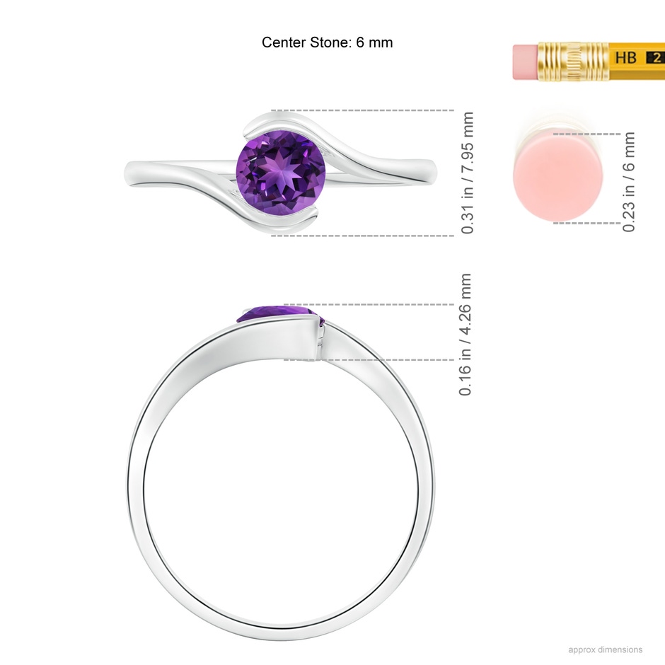6mm AAAA Semi Bezel-Set Solitaire Round Amethyst Bypass Ring in White Gold ruler