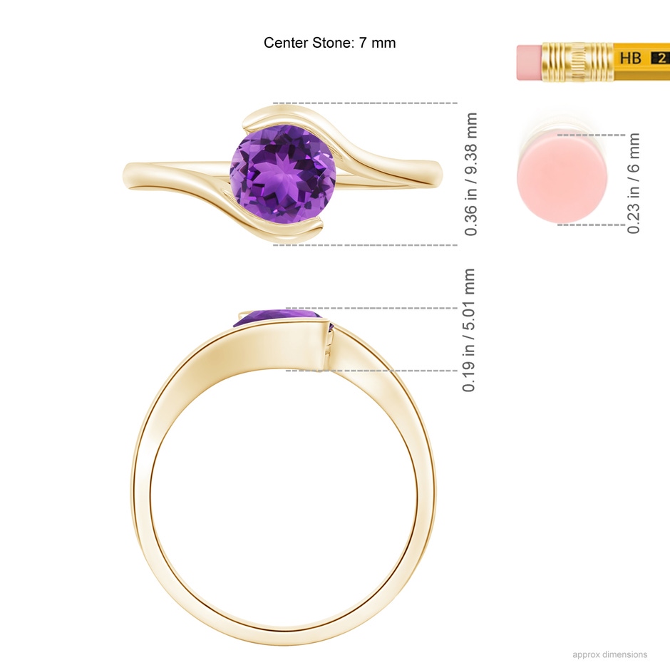 7mm AAA Semi Bezel-Set Solitaire Round Amethyst Bypass Ring in Yellow Gold ruler