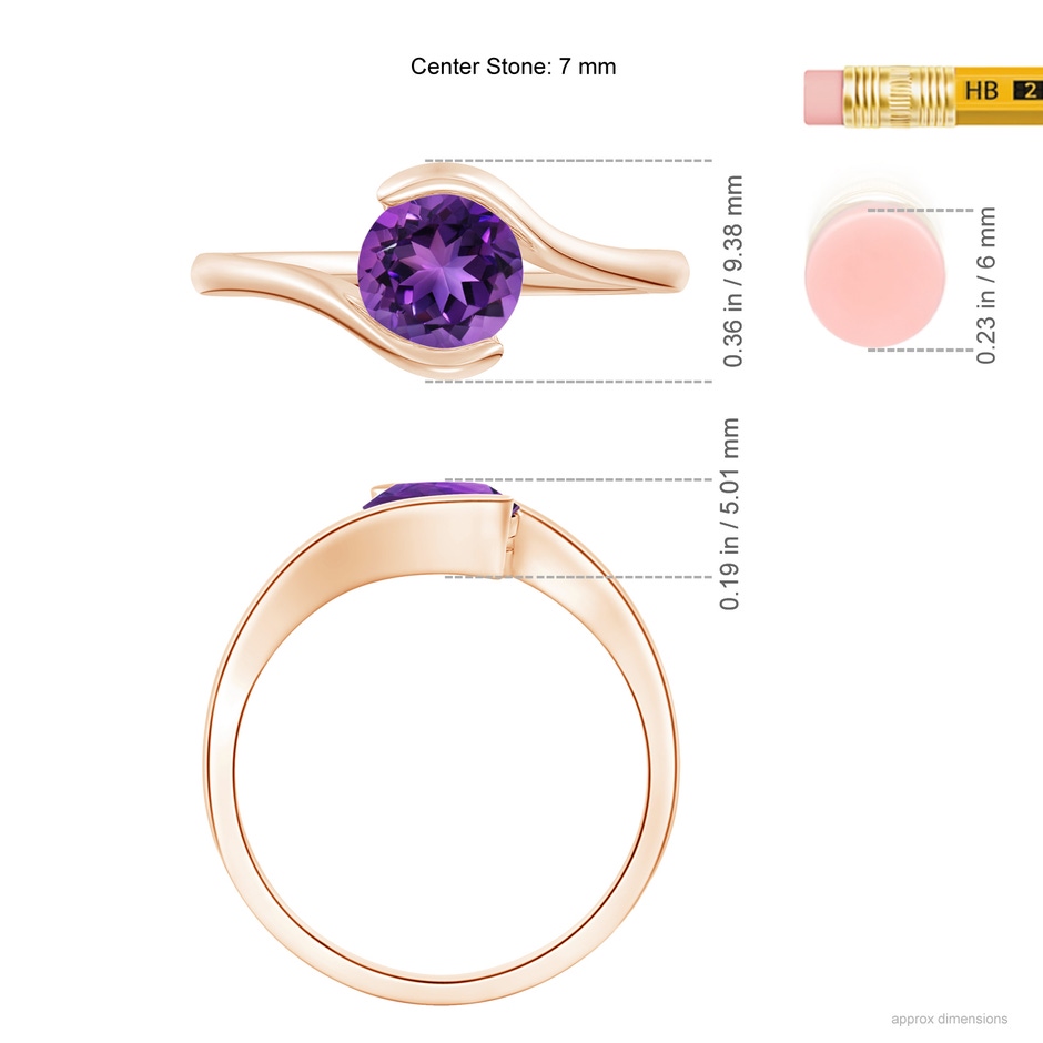 7mm AAAA Semi Bezel-Set Solitaire Round Amethyst Bypass Ring in 18K Rose Gold ruler