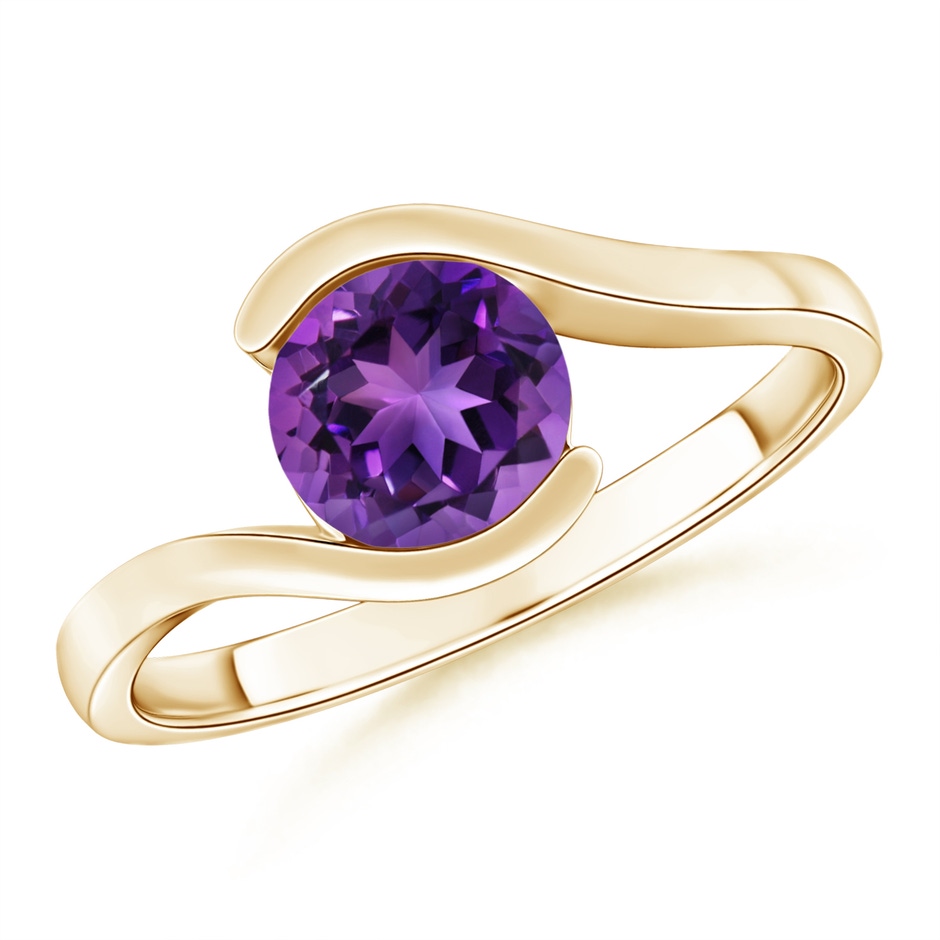 7mm AAAA Semi Bezel-Set Solitaire Round Amethyst Bypass Ring in 18K Yellow Gold 
