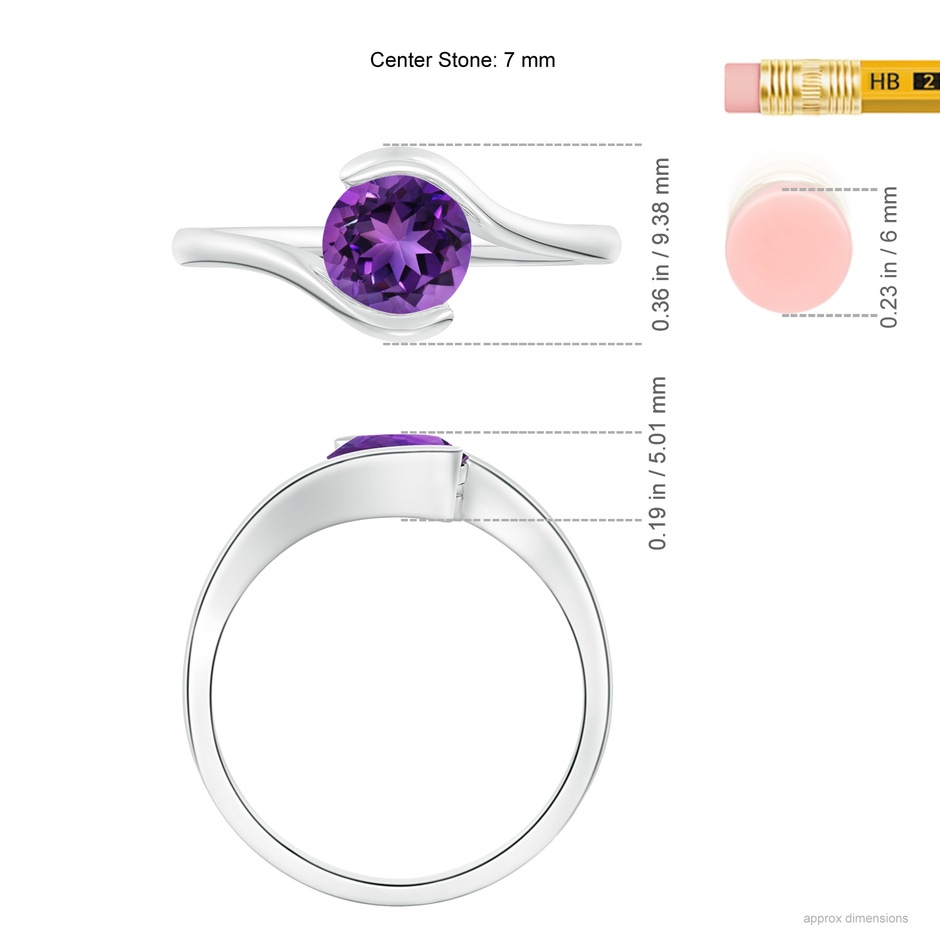 7mm AAAA Semi Bezel-Set Solitaire Round Amethyst Bypass Ring in P950 Platinum ruler