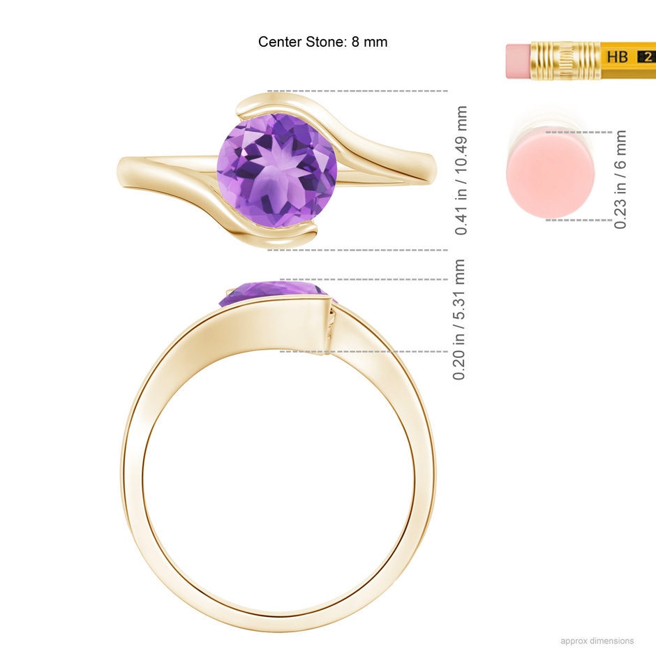 8mm A Semi Bezel-Set Solitaire Round Amethyst Bypass Ring in Yellow Gold ruler