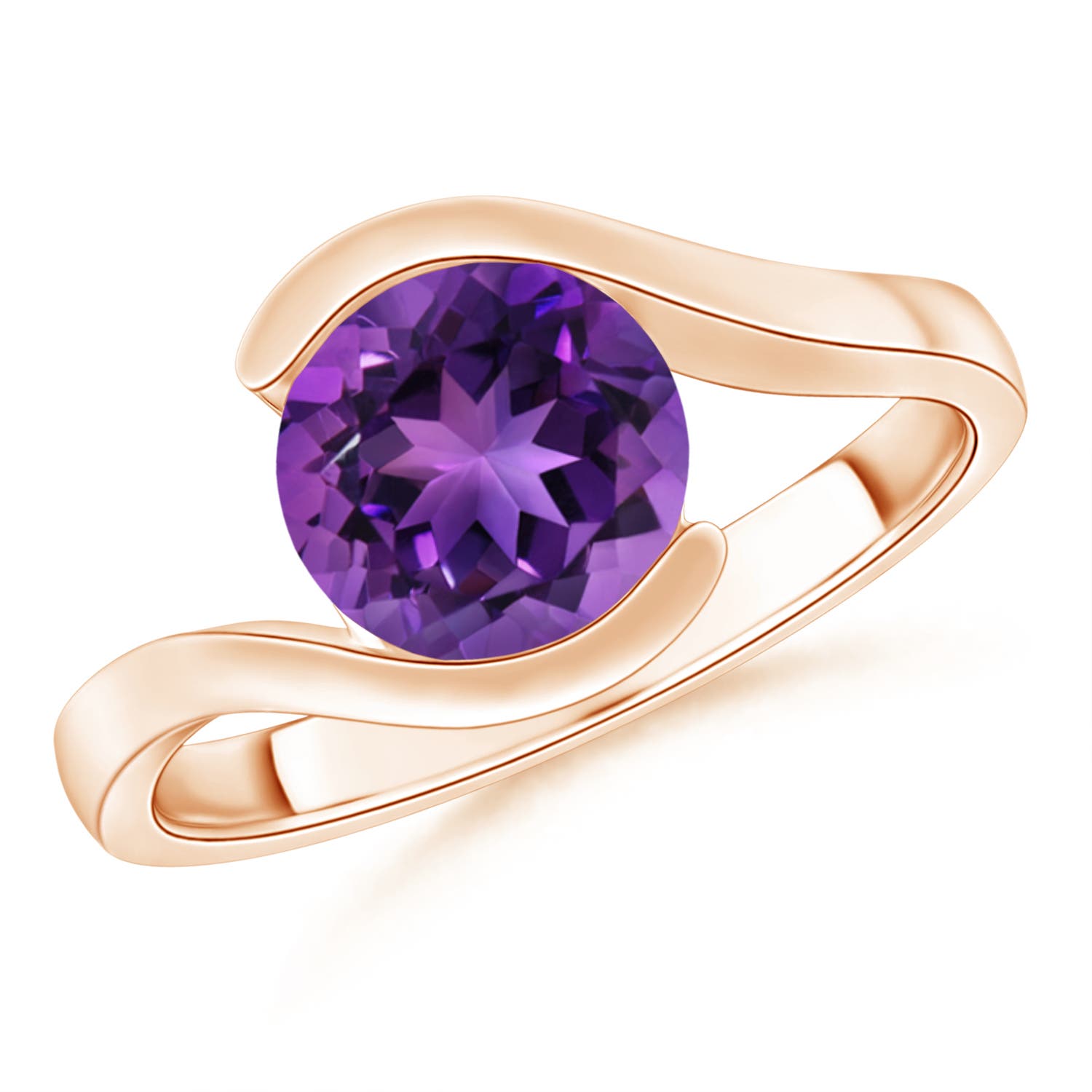 8mm AAAA Semi Bezel-Set Solitaire Round Amethyst Bypass Ring in 18CT Rose Gold