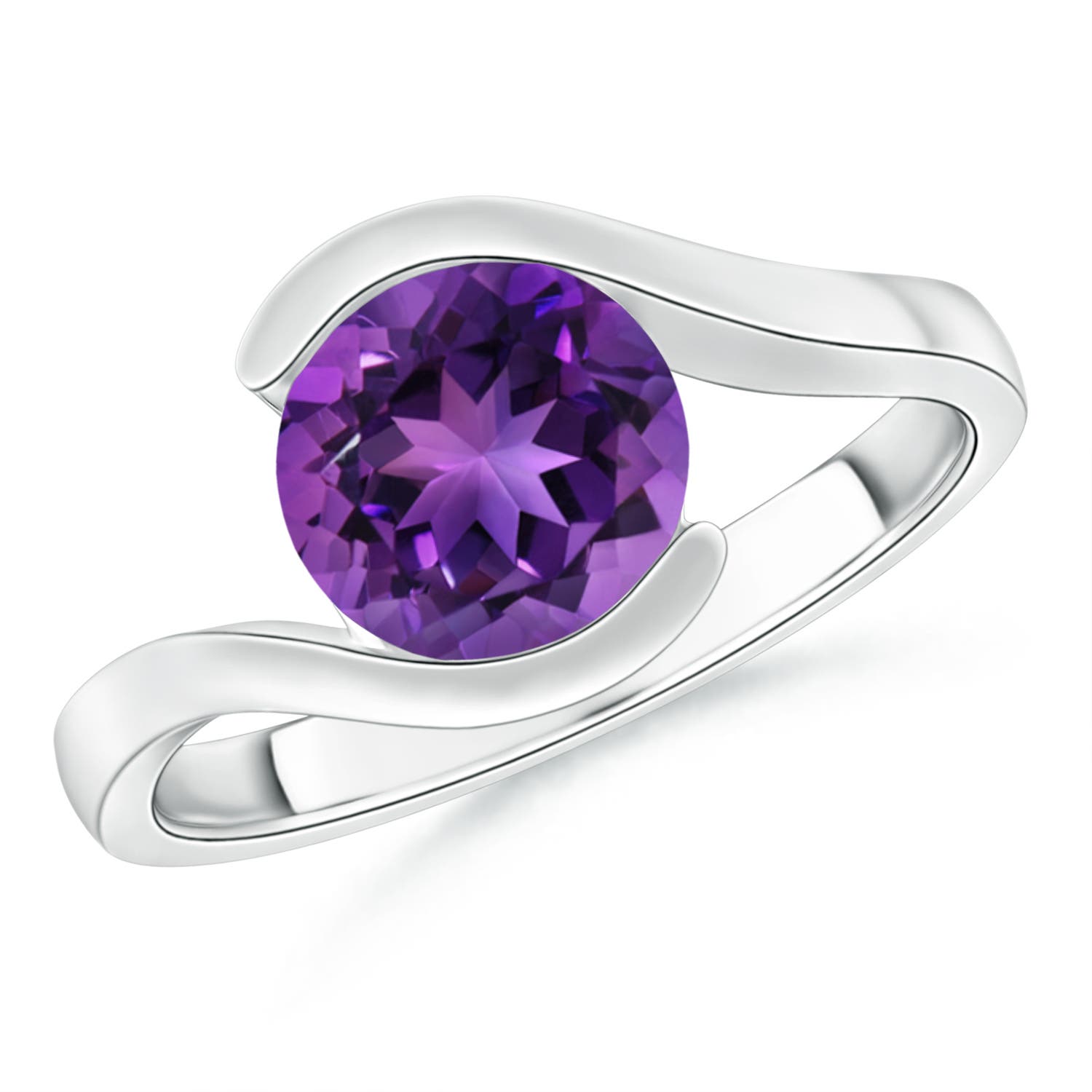 8mm AAAA Semi Bezel-Set Solitaire Round Amethyst Bypass Ring in 18CT White Gold